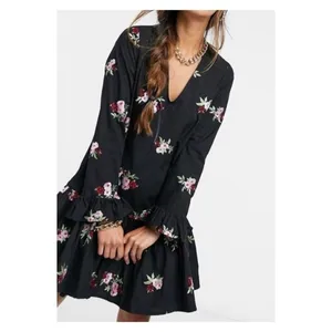 ASOS Women's Floral Embroidered Drop Waist Mini Dress Size 10 Black Boho Chic‎ thumbnail 5