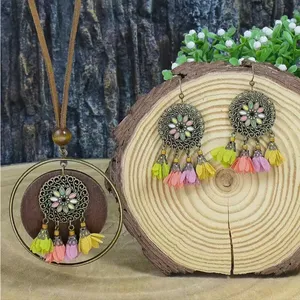 Boho Zinc Alloy Wood Retro Flower Design Tribal‎ Necklace & Earrings Set thumbnail 13