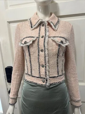 Veronica Beard Cotton Blend Pale Pink Tweed Fringed Blazer with Gray Trim S XS thumbnail 2