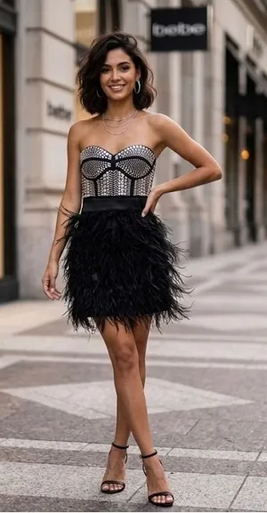 Bebe XS Black Studded Bustier Feather Mini Dress Strapless Glam thumbnail 1