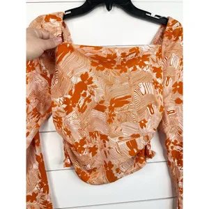 Open Edit Orange White Cowl Neck Long Sleeve Top XXS Smocked Back thumbnail 8