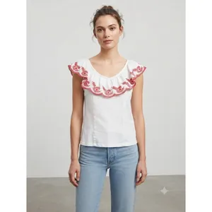 Anthropologie Moulinette Soeurs White/Red Julieta Ruffled Top Size S Boho Chic thumbnail 12
