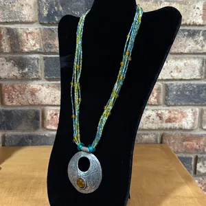 Vintage Blue, Amber, and Yellow seed bead 6 strand medallion southwest necklace thumbnail 3