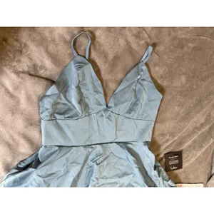 NWT Lulus‎ Going with Elegance Slate Blue Satin Tiered Gown Size Small Formal thumbnail 5