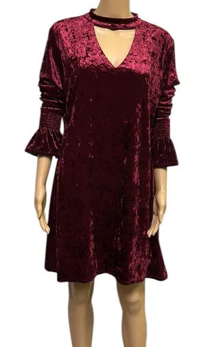 Marc Bouwer Unlimited Burgundy Crushed Velvet Bell Sleeve Keyhole Dress Womens M thumbnail 1
