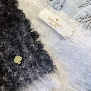 Kate Spade New York Brushed Stripe Oblong Scarf Black Ivory w/ Metal Spade 💛 thumbnail 4