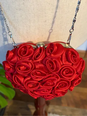 Lulu‎ Townsend Red Heart Rosette Bag Satin Coquette Evening Clutch Chain Strap thumbnail 2
