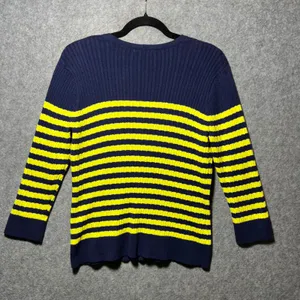 Jeanne‎ Pierre Womens Navy Blue Yellow Striped Ribbed Cotton Cardigan Sweater L thumbnail 7