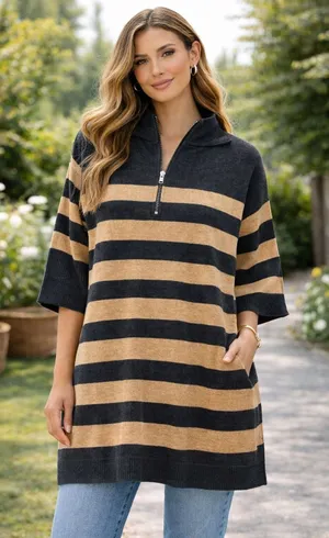 Free‎ People Womens Striped Quarter Zip Tunic Sweater Grey Tan Size M Oversized thumbnail 1