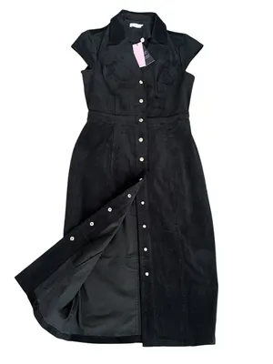 Avec Les Filles Women’s Black Corduroy Button Front Short Sleeve Midi Dress Sz 6 thumbnail 7