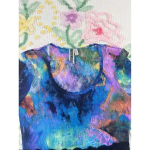 BKE Lace Overlay Tie Dye Short Sleeve Top Women M Blue‎ Purple Orange Black thumbnail 7