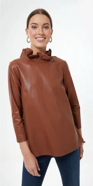 Tuckernuck Brown Coated Ruffle Neck Bow Back Blouse 3/4 Sleeve S thumbnail 1