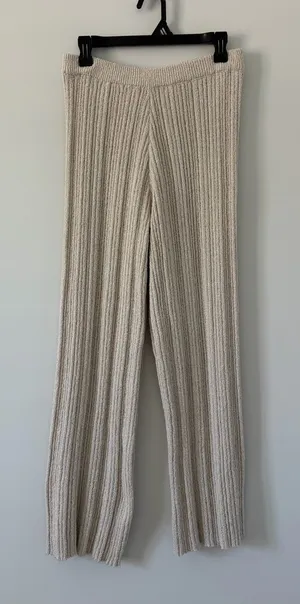 DISSH Emery Oatmeal Ribbed Knit Cotton Wide Leg Pull On Casual Boho Pants L thumbnail 1