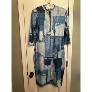 Women’s 2XL Blue Denim Patchwork Print Quarter Zip Midi Dress 3/4 Sleeves Casual thumbnail 10