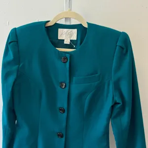 Lord & Taylor Vintage Teal Wool Flannel Blazer Collarless Button Front Jacket‎ 4 thumbnail 4