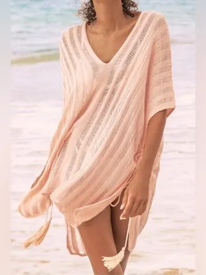 Cupshe Crochet Peach Tassels Cover Up V-Neck Side-tie Women's Poncho Cover Up thumbnail 2