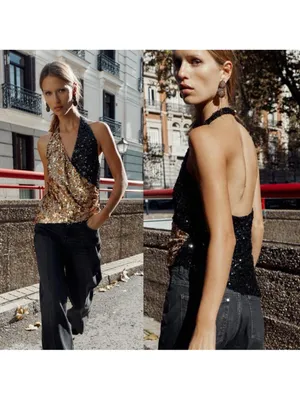 ZARA Gold and Black Sequin Halter Top Size Small Glam Festival Metallic thumbnail 2