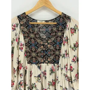 Umgee Floral Paisley Boho Tunic Dress‎ Womens Small Ivory Floral Paisley Peasant thumbnail 3