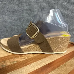 Bio Green Spain Wedge Slide Sandals Sz 40 Brown Leather Dual Suede Buckle Straps thumbnail 4