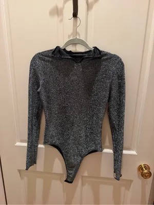 Silver and Black Long Sleeve Bodysuit Top Size M thumbnail 2