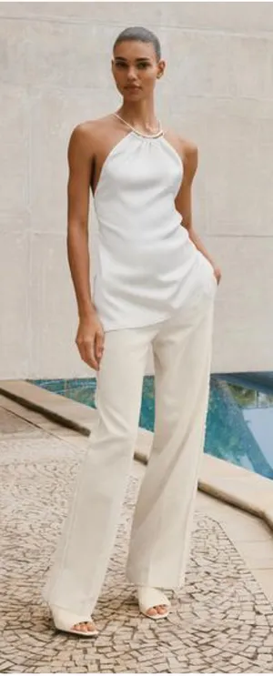 NWT Zara White Satin Halter Asymmetrical Hem Top Medium Tie Back Quiet Luxury thumbnail 1