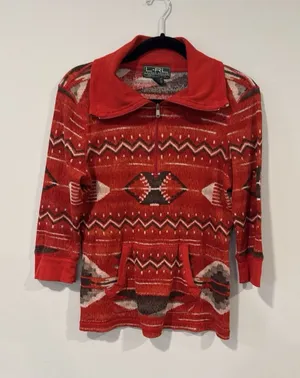 Lauren Ralph Lauren Aztec Red Quarter Zip 3/4 Sleeve Thermal Top Large thumbnail 1