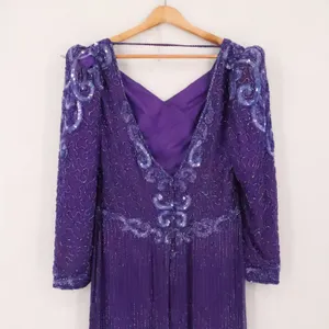 Vintage 80s Beaded Silk Gown Womens Size S Purple Sequin Formal Wedding FLAWS thumbnail 12