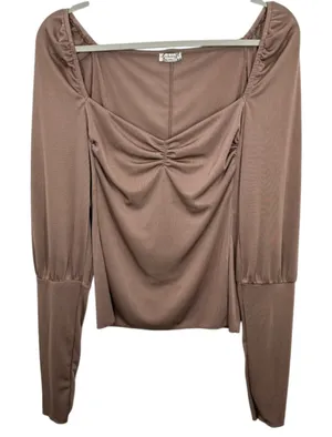 Intimately Free People Size Large Ciao Bella Long Sleeve Ruched Top Brown Ribbed thumbnail 1