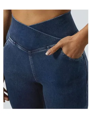 Halara large Womens Dark Wash Denim Criss Cross Waist Flare Jeans Size L thumbnail 3