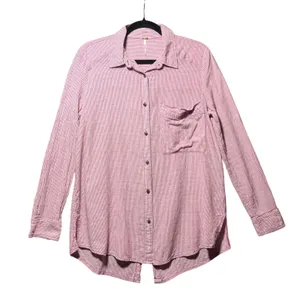 Free People Striped Button Down Shirt Pink White Oversized‎ Small thumbnail 1