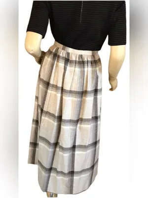 Vintage 1980'S Century Beige & Brown Plaid Wool Midi Skirt (12) thumbnail 3