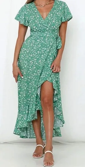 Zesica Women's Summer Bohemian Floral Printed Wrap V-Neck Beach Maxi Dress Green thumbnail 1