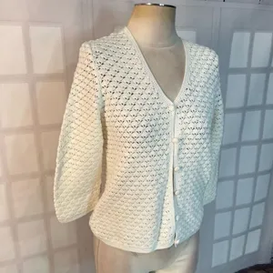 Lauren Ralph Lauren White Exclusive Hand Knit V-Neck Cardigan Petite Medium thumbnail 2