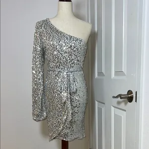 Bebe Silver Asymmetrical Sequin Bodycon‎ Dress thumbnail 6
