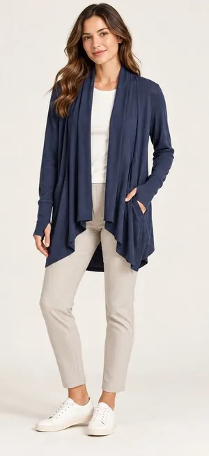 Quince French Terry Modal Cardigan Women Medium Navy Thumbholes Open Front thumbnail 1