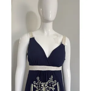 Women’s Blue Maxi Dress Size M Padded Lace Accents Embroidered Boho Cottagecore thumbnail 2