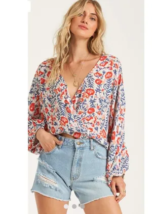 Billabong Safe Bet Surplice Top Floral V-Neck Boho Blouse Size Medium thumbnail 1