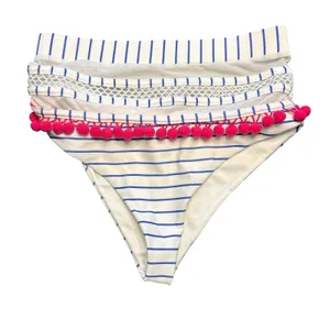 TULAROSA Nina High Waisted‎ Bikini Set Blue White Stripe Pink Pom Poms XS thumbnail 4