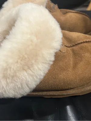 BearPaw Chestnut Suede Shearling Clog Slippers with Cream Cuff please see stain thumbnail 3
