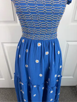 Boutique Sz S Blue Daisy Smocked Tie Strap Tiered Maxi Dress Cottagecore thumbnail 4
