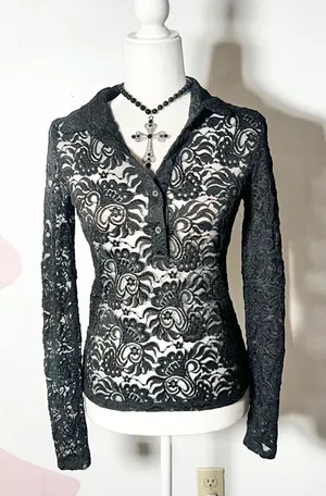 Loft Vtg Y2k 2000s Black Lace Top Medium Floral Victorian 90s Goth Whimsigoth thumbnail 1