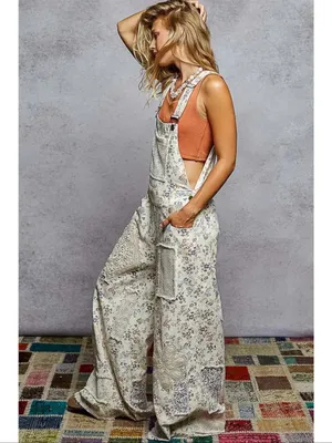 NWT POL Touch of Flowers Crochet Patch Overalls, Cream Floral Patchwork thumbnail 11