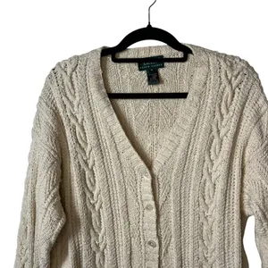 Lauren Ralph Lauren Cardigan Sweater Cable Knit Fisherman pockets women's medium thumbnail 2