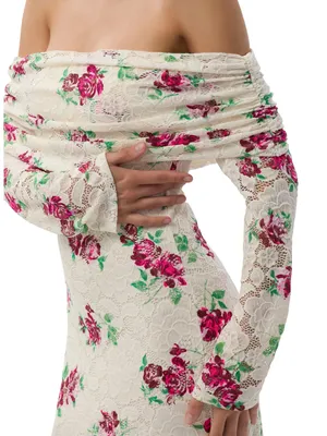 AFRM Off-Shoulder Cream Maxi Skirt with Pink Floral Print thumbnail 3