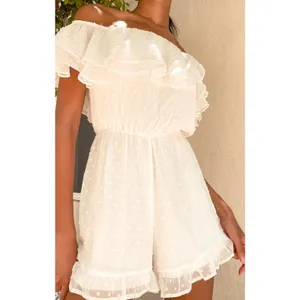 Lulus Frilled to Bits White Swiss Dot Off-the-Shoulder Romper Chiffon Medium NWT thumbnail 5