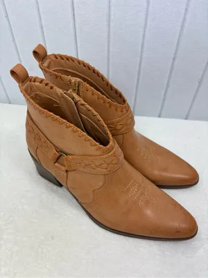 FRYE AND CO. Palma Stacked Tan Leather Western Ankle Heel Booties Size 9.5M thumbnail 2