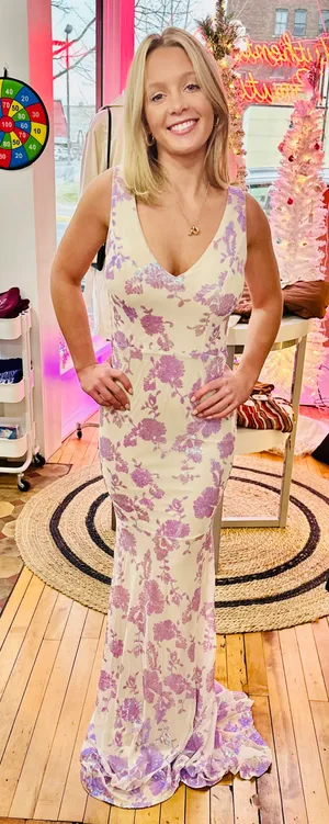 Cinderella Divine New Metallic Light Purple And Off White Prom Dress thumbnail 2