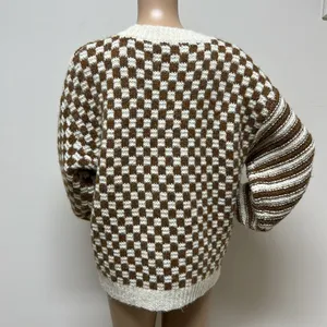 NWOT Blu Pepper Cream & Brown Checkerboard & Striped Sweater Sz S Puffed Sleeve thumbnail 7