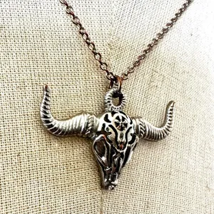 Freedom silver tone bull head cow skull pendant necklace thumbnail 3