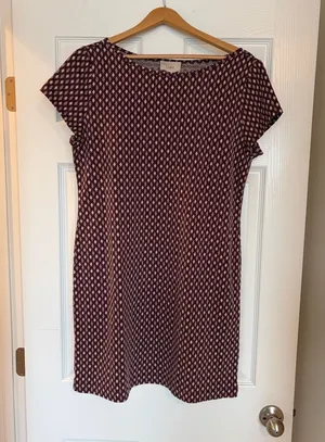 Loft Shift Dress Medium Burgundy Cream Geometric Print Casual Career Teacher D1 thumbnail 1